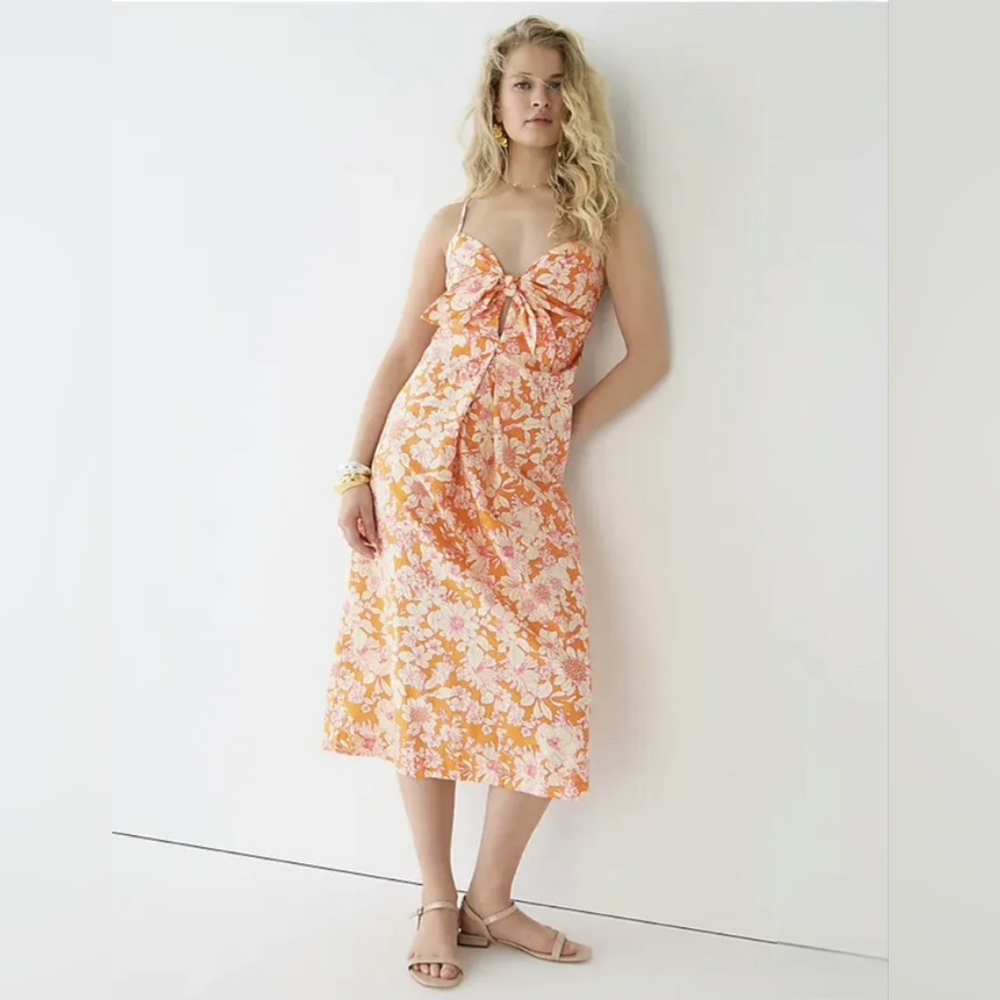 J. Crew Tie Front Cotton‎ Poplin Midi Dress in Orange Floral in Brilliant…